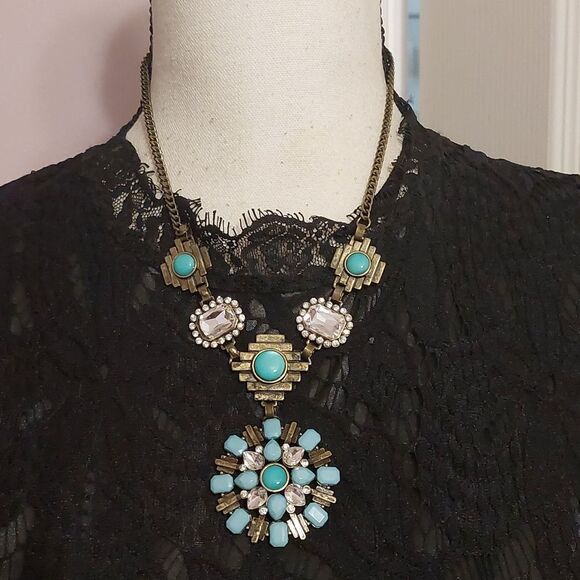 Jewelry - Faux Turquoise Rhinestones and Brass Tone Mixed Media Boho Statement Necklace